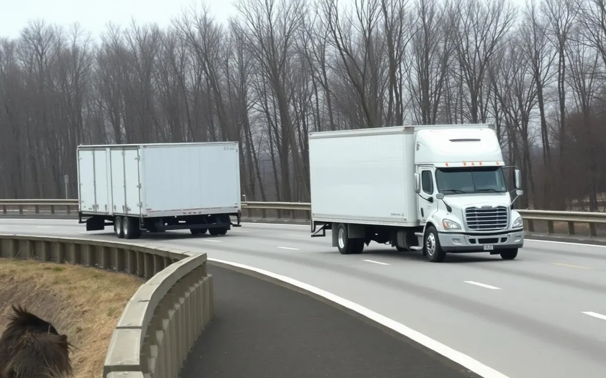 Two white box trucks driving on a divided highway past bare winter trees