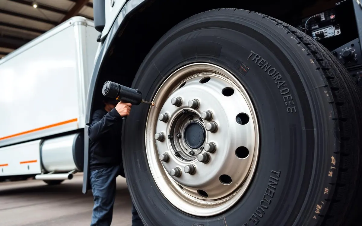 A technician torquing the lug nuts on a heavy commercial truck tire beside a white box truck