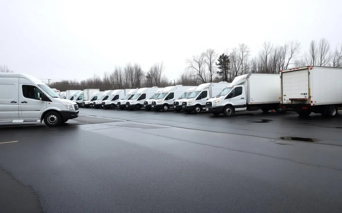 A row of white commercial cargo vans and box trucks parked in a fleet yard on an overcast New England morning