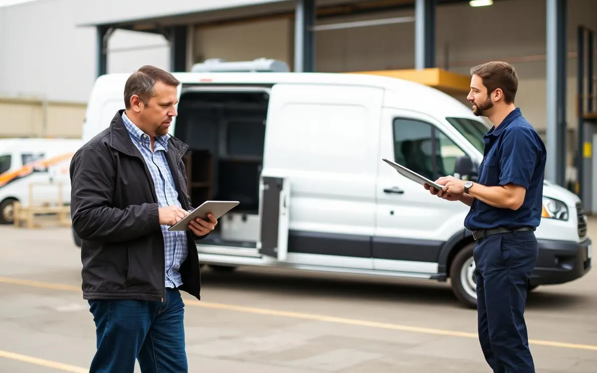 A fleet manager and a service technician reviewing vehicle status on a tablet beside a cargo van
