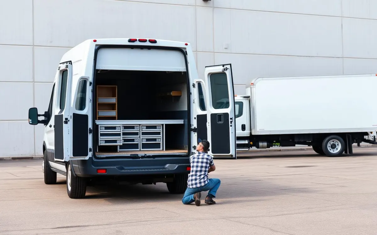 A mobile service van with its tool drawers open while a technician services a box truck on site