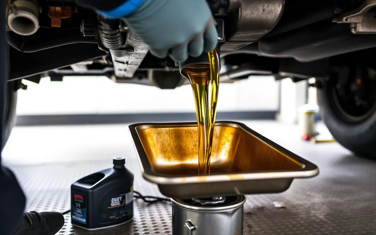 Used engine oil draining into a catch pan beneath a commercial van during a scheduled oil service