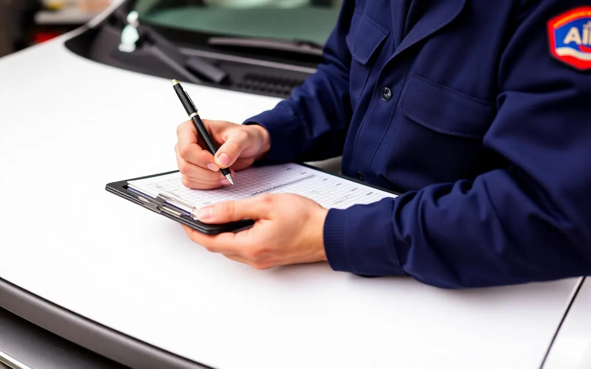 A technician filling out a vehicle service record on a clipboard on the hood of a work van