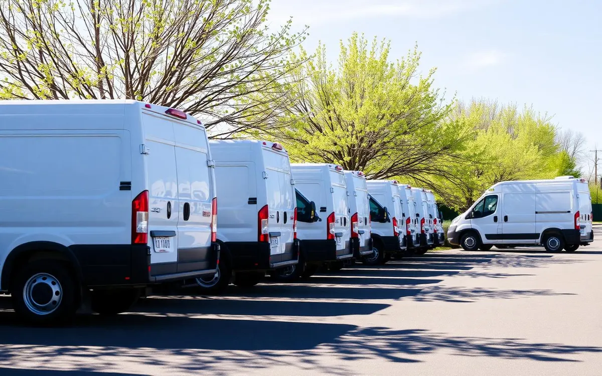 White commercial cargo vans lined up in a depot yard on a bright spring morning