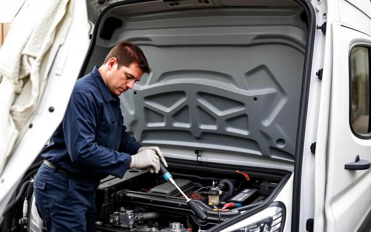 A diesel technician in navy uniform working in the open engine bay of a white commercial cargo van
