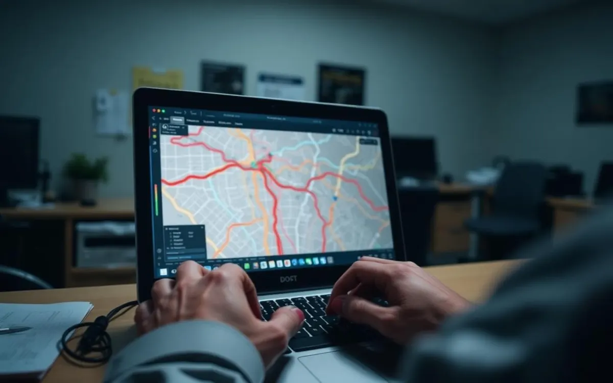 A fleet coordinator reviewing vehicle tracking and route data on a laptop in an operations office