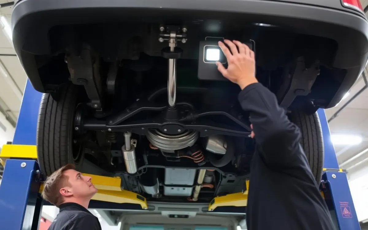 Two technicians inspecting the underbody and suspension of a vehicle raised on a lift
