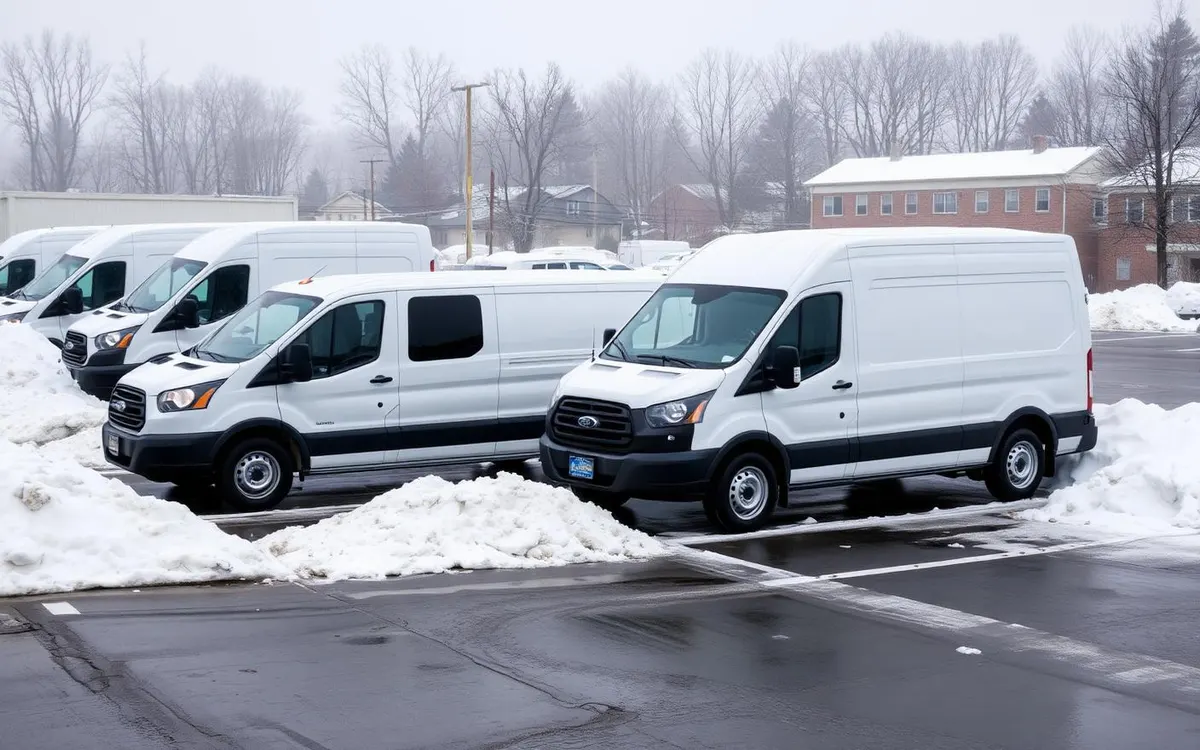 White commercial cargo vans parked in a snow-covered lot after a New England winter storm