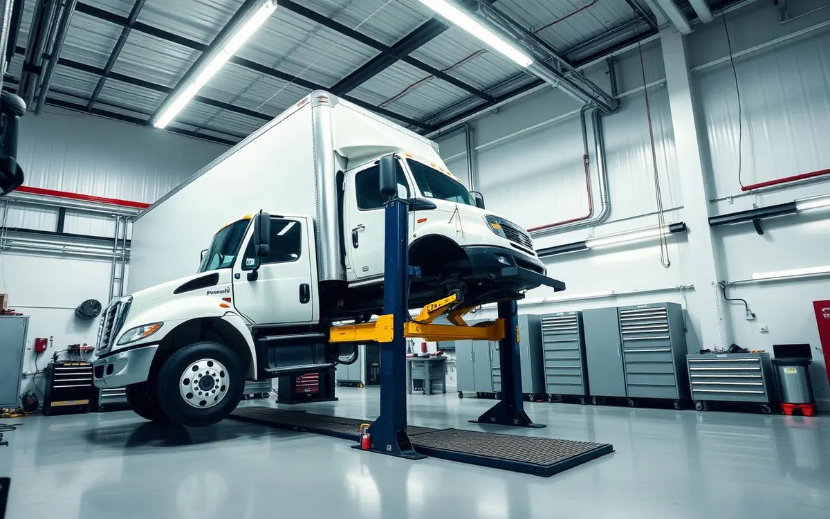A white box truck raised on a heavy-duty lift inside a commercial fleet service workshop